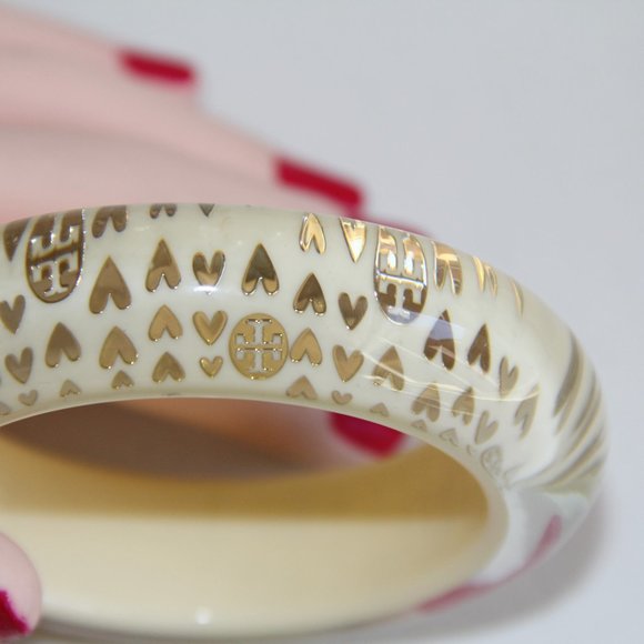 Tory Burch Clear, Ivory Lucite Gold Heart Bangle - Picture 2 of 12